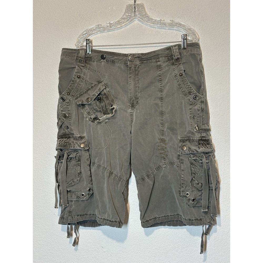 Y2K F.U.S.A.I Utility Cargo Shorts Distressed Streetwear Sz 36 Green 39 X 13